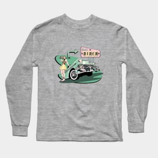 50's Diner with Roller Skating Waitress - Pink/green version Long Sleeve T-Shirt